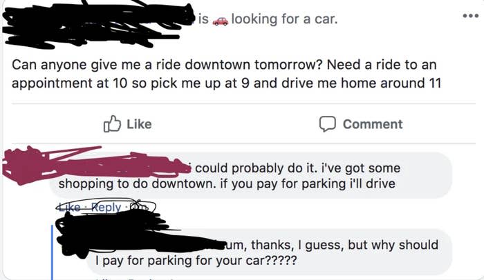 "Can anyone give me a ride downtown tomorrow?"