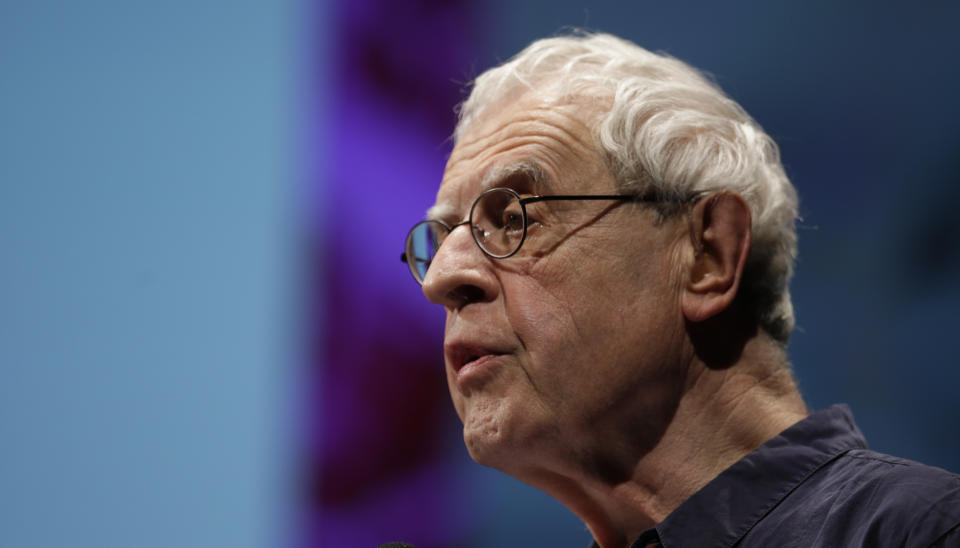 FILE - Serbian born writer Charles Simic, 1990 Pulitzer winner, attends "La Milanesiana" cultural event, in Milan, Italy, Thursday, June 29, 2017. Simic, the Pulitzer Prize-winning poet who awed critics and readers with his singular blend of lyricism and economy, tragic insight and disruptive humor, has died at age 84. Dan Halpern, executive editor at publisher Alfred A. Knopf, confirmed Simic's death Monday, Jan. 9, 2023, but did not immediately provide further details. (AP Photo/Luca Bruno, File)