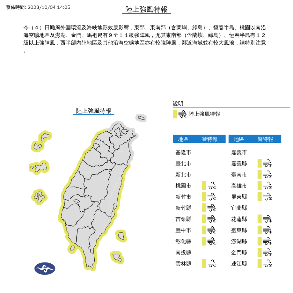 颱風「小犬」襲台，中央氣象署10/4下午2時05分發布陸上強風特報。中央氣象署提供