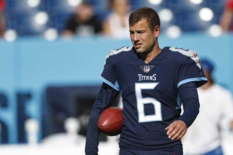 FILE - Tennessee Titans punter Brett Kern (6) is seen before their game against the Tampa Bay Buccaneers, Saturday, Aug. 20, 2022, in Nashville, Tenn. Three-time Pro Bowl punter Kern is Tennessee’s longest-tenured player and needs just four punts to become only the 25th NFL player with 1,000 career punts. (AP Photo/Wade Payne, File)