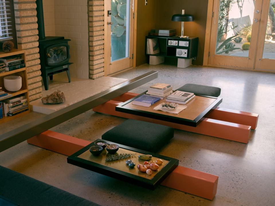 The living room of Zittel’s home with her piece, “Linear Sequence.” Legs that would normally sit vertically rest horizontally and low to the ground. Her three dogs and two cats can often be found on the cushions.