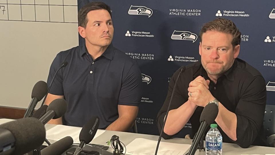 <div>Seattle Seahawks head coach Mike Macdonald (left) and general manager John Schneider (right) speak with reporters following the first round of the 2024 NFL Draft on April 25, 2024. The Seahawks took Texas DT Byron Murphy II with the 16th overall pick.</div> <strong>(Curtis Crabtree / FOX 13 Seattle)</strong>