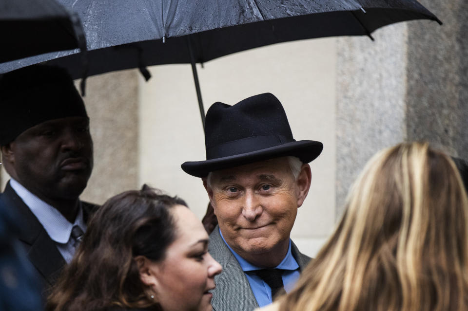 Roger Stone, a former confidant of President Donald Trump, waits in line at the federal court in Washington, Tuesday, Nov. 12, 2019.  (AP Photo/Manuel Balce Ceneta)                                                                                                                                                                                                                                                                         