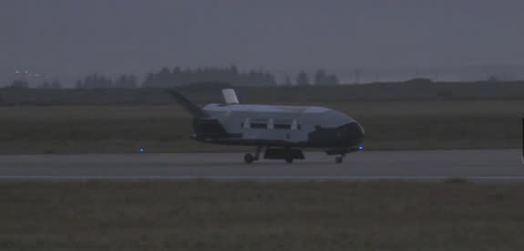 This still from a U.S. Air Force video shows the second X-37B unmanned space plane just after landing on June 16, 2012 at Vandenberg Air Force Base in California that ended a 469-day mission.