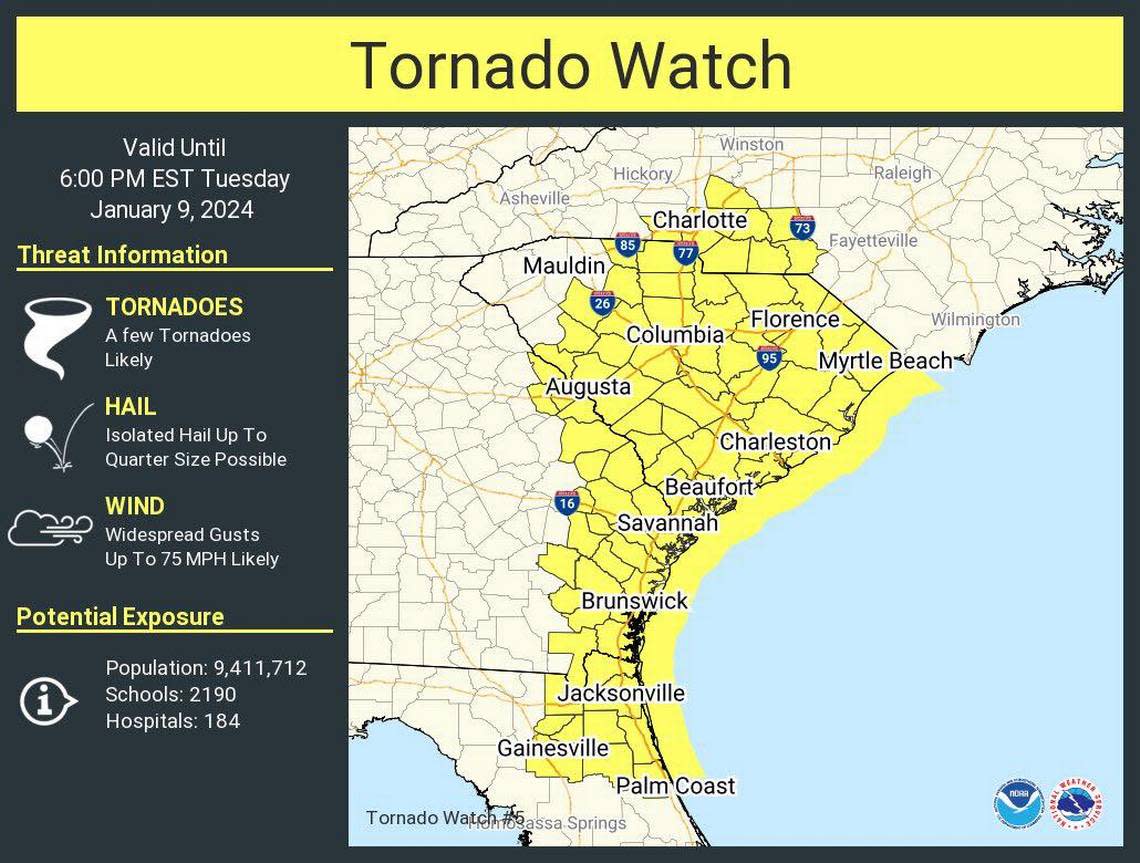 The National Weather Service triggered a tornado watch for Beaufort and Jasper counties, lasting until 6 p.m., on Tuesday, Jan. 9, 2024.