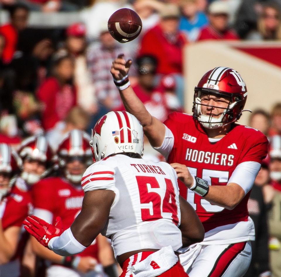 Indiana's Brendan Sorsby (15) passes during the first half of the Indiana versus Wisconsin football game at Memorial Stadium on Saturday, Nov. 4, 2023.