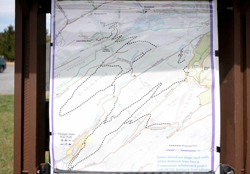 A map that shows the new 53 miles of sustainable trails that is a result of partnerships between the Department of Conservation and Natural Resources, Rothrock Trail Association, ClearWater Conservancy and local governments.