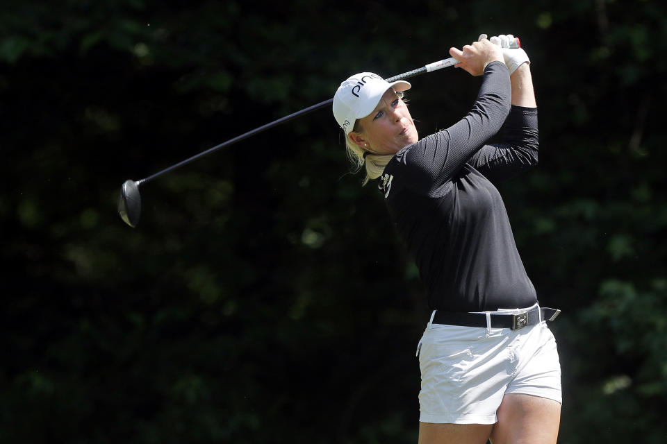 Jacqui Concolino drives the ball off the tee of the sixth hole during the second round of the LPGA Tour golf tournament at Kingsmill Resort, Friday, May 24, 2019, in Williamsburg, Va. (Jonathon Gruenke/The Daily Press via AP)