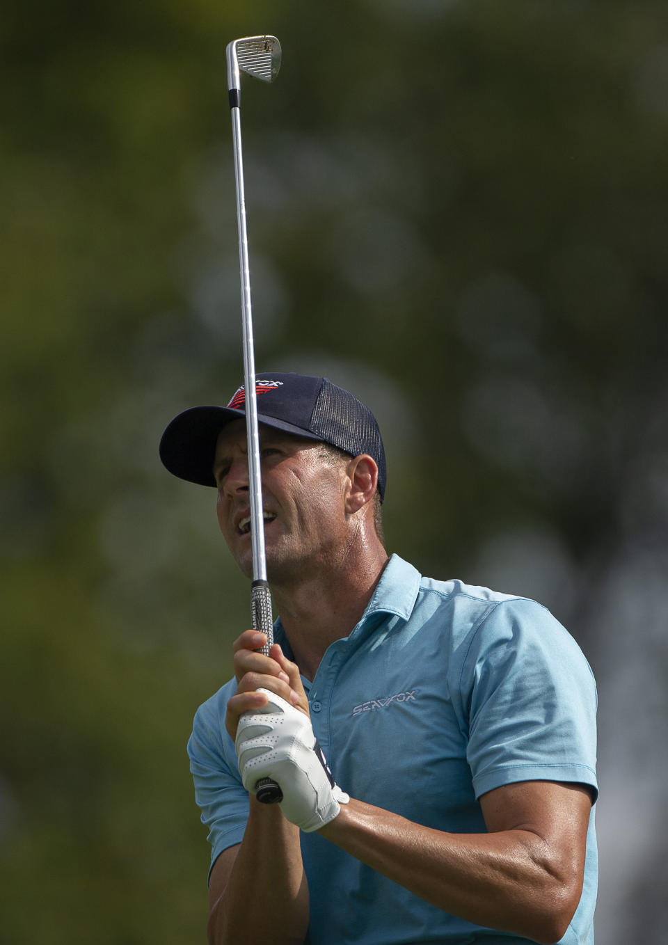 D.J. Trahan reacts to a shot during the second round of the Barbasol Championship golf tournament at Keene Trace Golf Club in Nicholasville, Ky., Friday, July 19, 2019. (Ryan C. Hermens/Lexington Herald-Leader via AP)