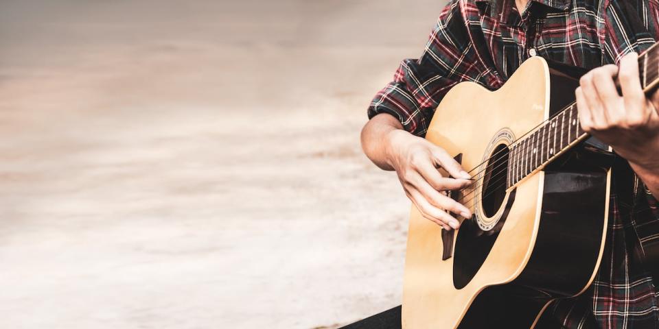 Close up a man's hands playing acoustic guitar with copy space for text. Pamorama playing acoustic guitar at a recording studio.; Shutterstock ID 1908027901
