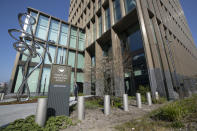 Exterior view of the European Medicines Agency, EMA, in Amsterdam's business district, Netherlands, Tuesday, April 20, 2021. Experts at the European Medicines Agency are preparing to present the conclusions of their investigation later on Tuesday into possible links between the Johnson & Johnson coronavirus vaccine and very rare cases of unusual clotting disorders detected in the U.S. (AP Photo/Peter Dejong)