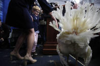 <p>Huck, 4, the son of White House Press Secretary Sarah Huckabee Sanders, looks at Wishbone, one of two turkeys set to be pardoned by President Donald Trump, with his mother during a preview of the foul to the media, Tuesday, Nov. 21, 2017, at the White House briefing room in Washington. (Photo: Jacquelyn Martin/AP) </p>