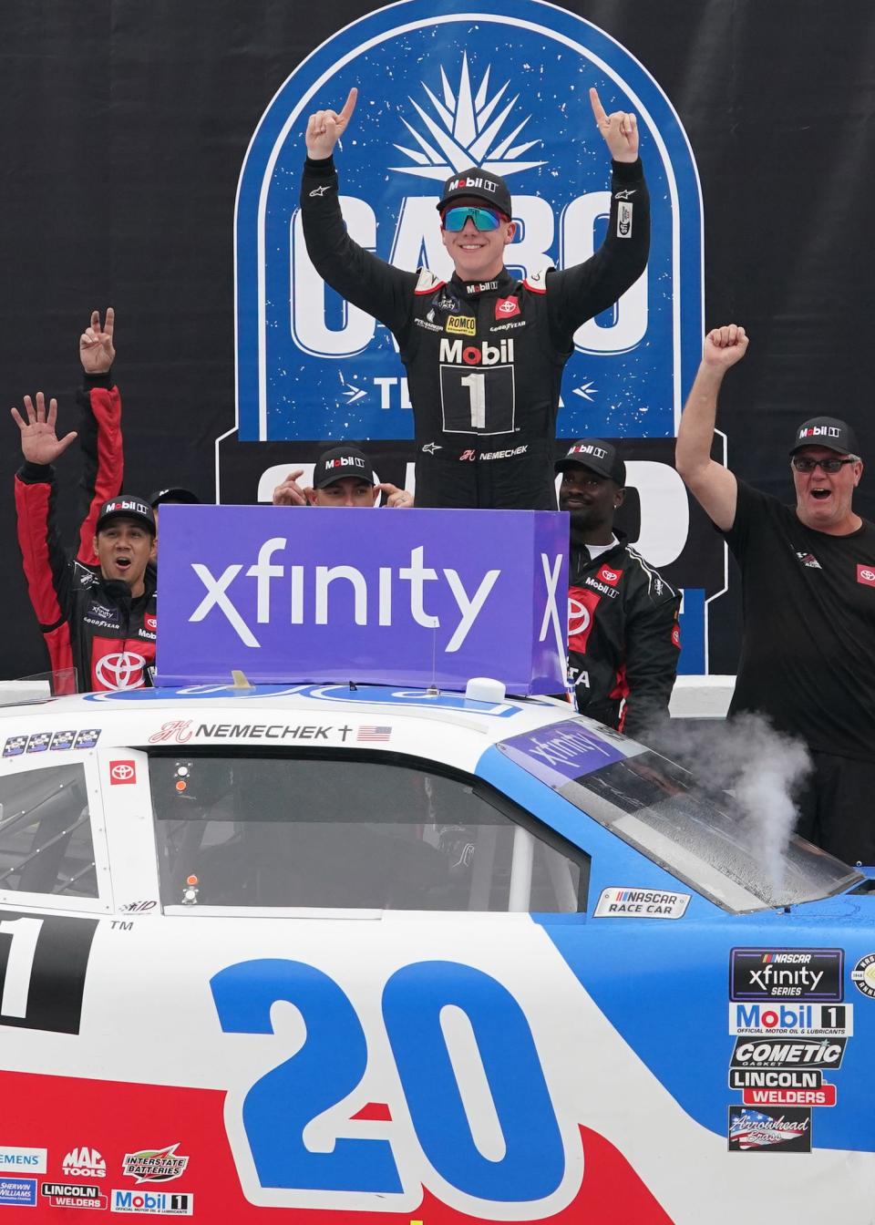 John Hunter Nemechek celebrates after winning the NASCAR Xfinity Series Cabo Wabo 250 at Michigan International Speedway on Saturday.