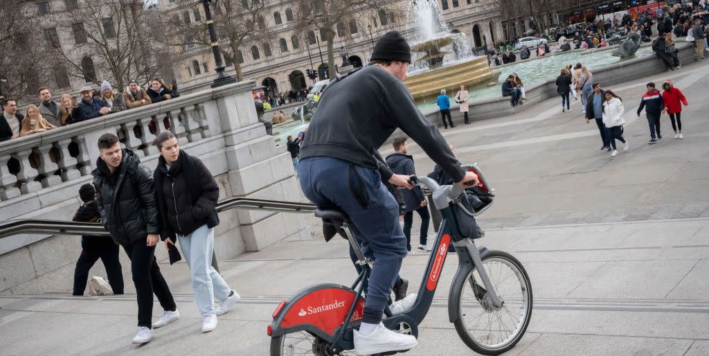 cyclist bumps down steps