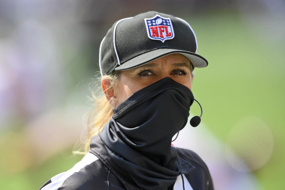 FILE - Down judge Sarah Thomas is shown before an NFL football game between the Cleveland Browns and the Washington Football Team in Cleveland, in this Sunday, Sept. 27, 2020, file photo. Sarah Thomas will cap her sixth NFL season by becoming the first female to officiate the Super Bowl in NFL history. Thomas, a down judge, is part of the officiating crew announced Tuesday, Jan. 19, 2021, by the NFL. (AP Photo/David Richard, File)