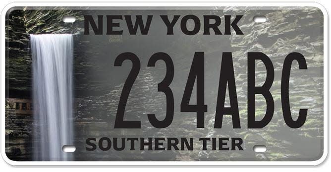 New York is revealing 10 regional license plates over the course of June 2023. Pictured here is the Southern Tier license plate, featuring a waterfall at Watkins Glen State Park.