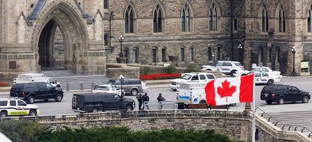Armed RCMP officers approach Centre Block on Parliament Hilll following a shooting incident in Ottawa October 22, 2014. REUTERS/Chris Wattie