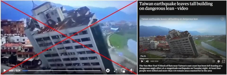 <span>Screenshot comparison of the video in false posts (left) and The Guardian's video (right)</span>