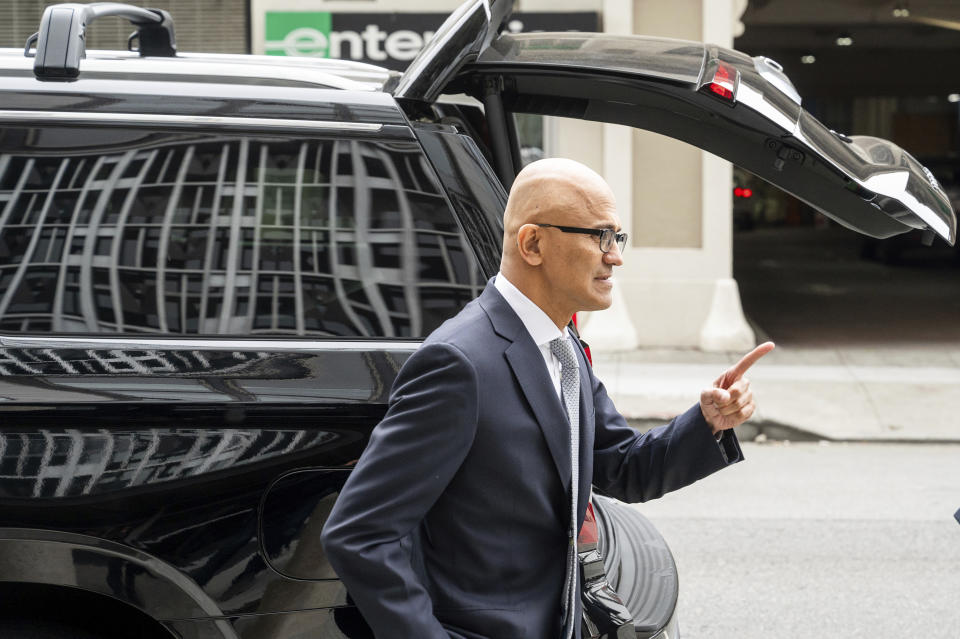 Microsoft CEO Satya Nadella arrives at the Phillip Burton Federal Building and U.S. Courthouse in San Francisco, on Wednesday, June 28, 2023. Microsoft is defending the company's proposed $69 billion takeover of video game maker Activision Blizzard as federal regulators seek to block the deal. (AP Photo/Noah Berger)