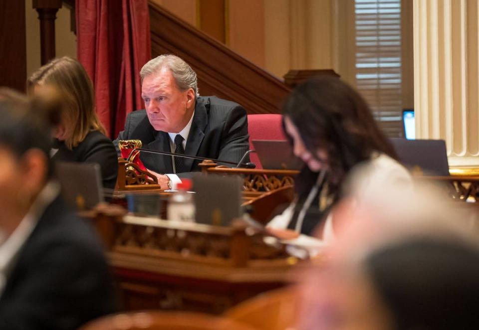 State Sen. Dave Cortese, D-San Jose, works in the Senate chamber at the state Capitol on Thursday, Sept. 14, 2023, the final day of the legislative session.