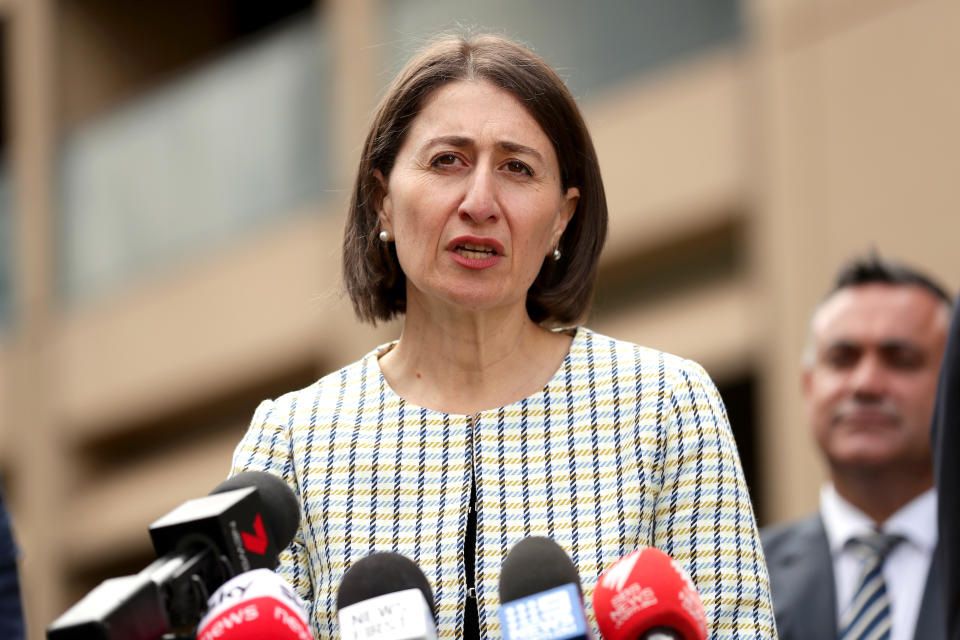 New South Wales Premier Gladys Berejiklian addresses the media during a press conference to update on COVID-19, at NSW Parliament House on March 17, 2020 in Sydney, Australia.  The number of confirmed COVID-19 cases is now at 379 in Australia, with five deaths. NSW has the greatest number of confirmed cases with 171 people infected. (Photo by Mark Metcalfe/Getty Images)