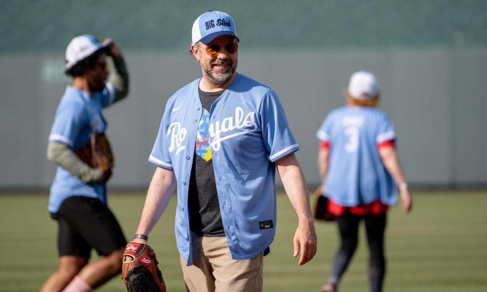 Fresh off the finale of his hit series “Ted Lasso,” Jason Sudeikis smiled toward the crowd during the Big Slick celebrity softball game at Kauffman Stadium on Friday.