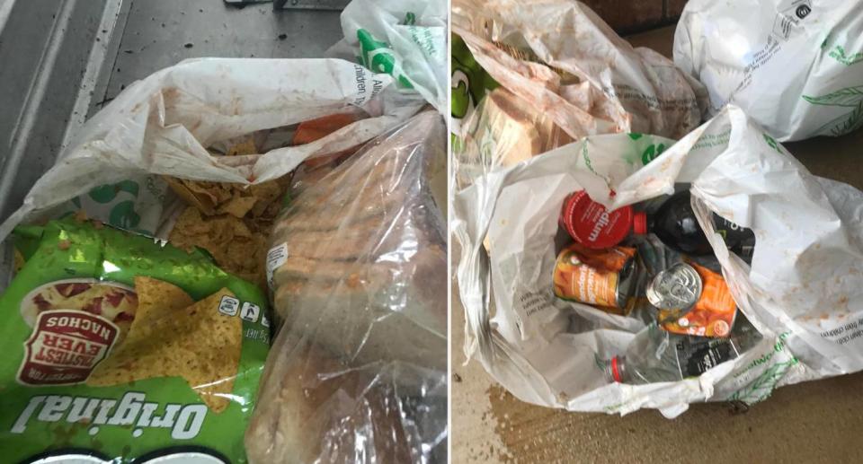 Broken chip packets, opened bread, empty soda bottle, crushed cans