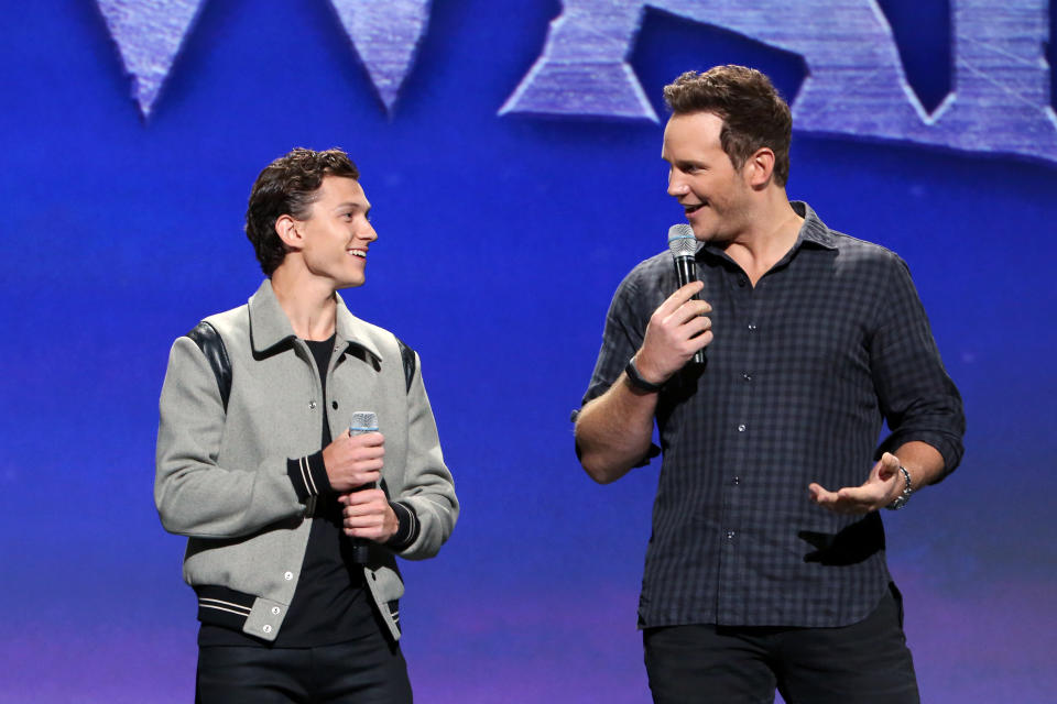 Tom Holland and Chris Pratt of <i>Onward</i> at Disney's D23 Expo. (Photo by Jesse Grant/Getty Images for Disney)