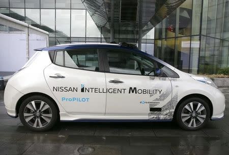 A modified Nissan Leaf, driverless car, is seen during a pause in its first demonstration on public roads in Europe, in London, Britain February 27, 2017. REUTERS/Peter Nicholls