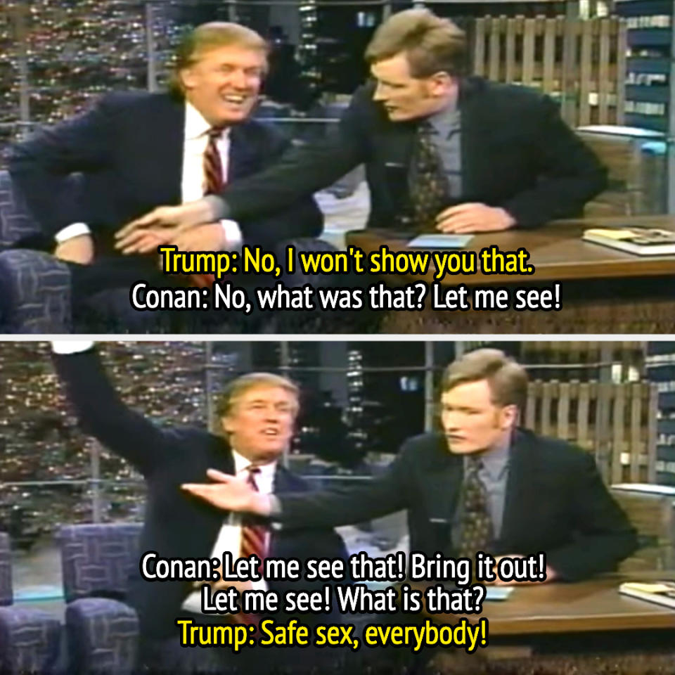 conan asking what's in his pocket and trump saying, safe sex everybody