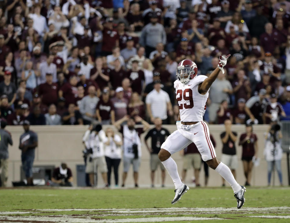 Alabama’s Minkah Fitzpatrick (29) celebrates after a Texas A&M turnover during the first quarter of an NCAA college football game Saturday, Oct. 7, 2017, in College Station, Texas. (AP Photo/David J. Phillip)