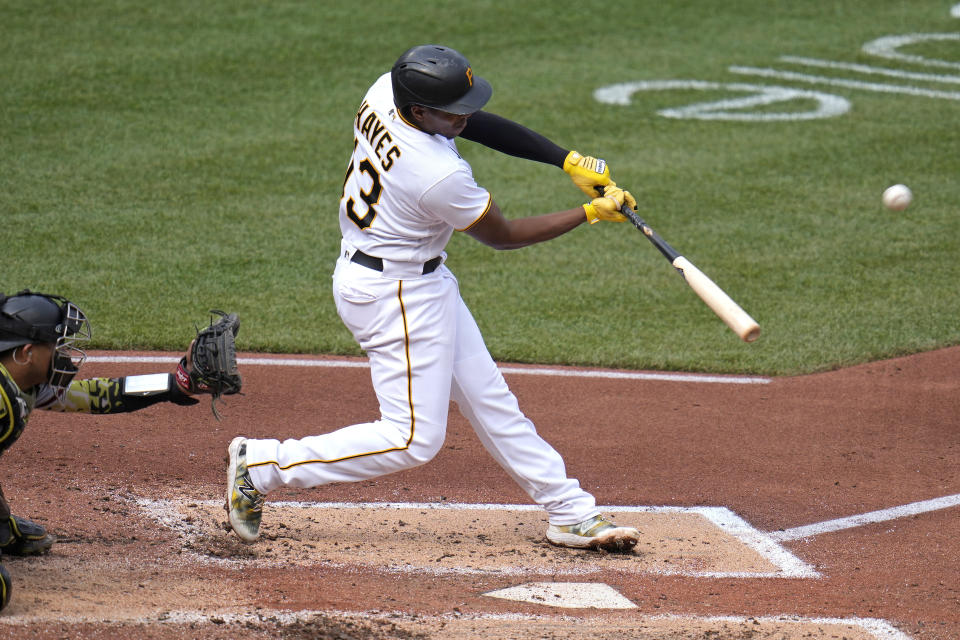 Pittsburgh Pirates' Ke'Bryan Hayes hits a triple, driving in three runs, off Arizona Diamondbacks starting pitcher Brandon Pfaadt during the third inning of a baseball game in Pittsburgh, Saturday, May 20, 2023. (AP Photo/Gene J. Puskar)