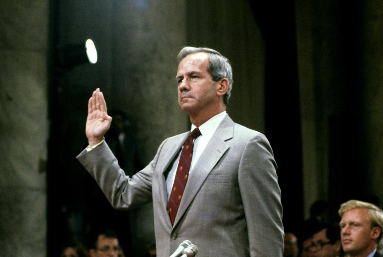 Robert C McFarlane (1937 - 2022) testifies before the joint US Senate and US House committee investigating the Iran-Contra Affair on Capitol Hill, Washington DC, July 14, 1987.