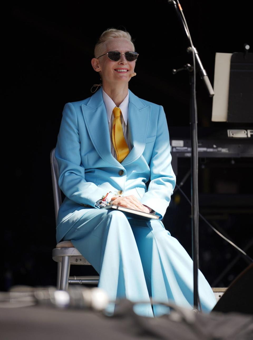 Tilda Swinton performing with modern classical instrumentalist Max Richter on the Park Stage (PA)