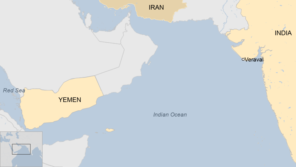 A BBC map shows the Red Sea, Indian Ocean, Iran and India - with the city of Veraval marked in the latter country