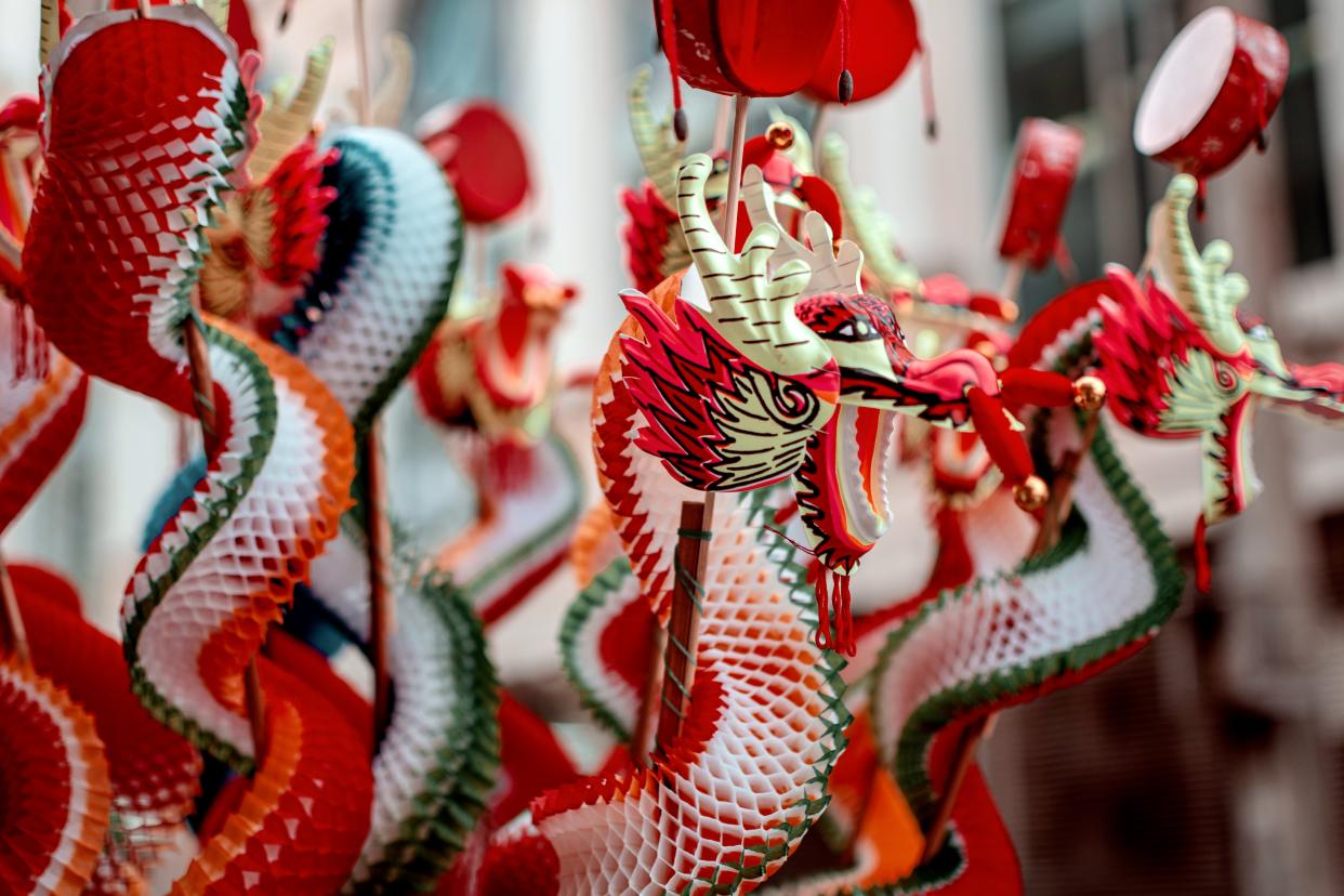 Close-Up of Beautiful Paper Dragons During Chinese Lunar New Year at Yaowarat City, Bangkok Province, Thailand, Asia