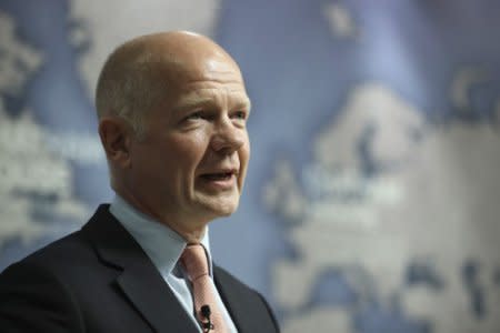 FILE PHOTO: Britain's former Secretary of State for Foreign Affairs William Hague makes a speech supporting remaining in the EU, at Chatham House in London, Britain, June 8, 2016. REUTERS/Dan Kitwood/Pool