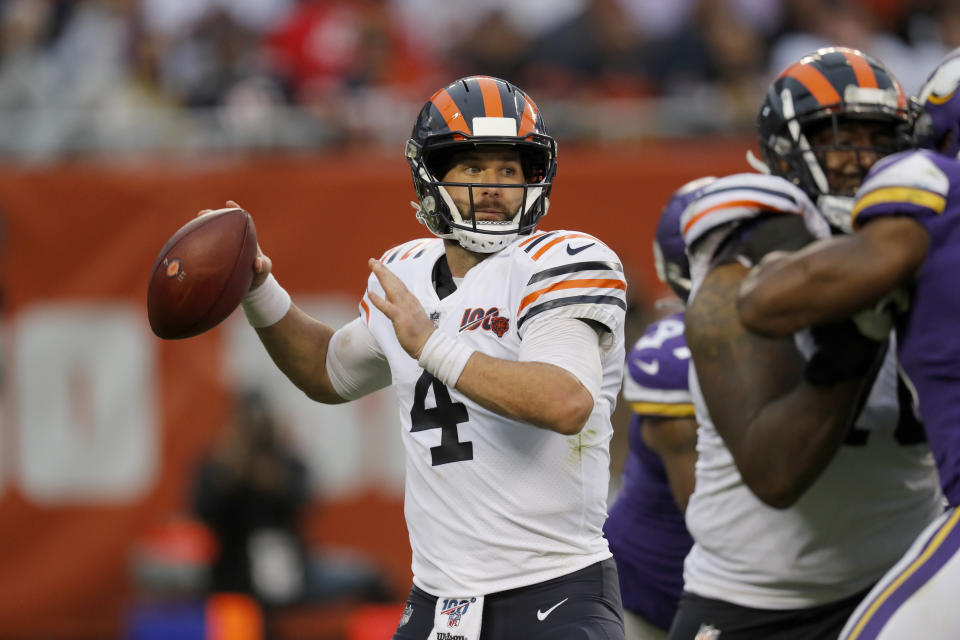 Chicago Bears quarterback Chase Daniel throws during the second half of an NFL football game against the Minnesota Vikings Sunday, Sept. 29, 2019, in Chicago. (AP Photo/Charles Rex Arbogast)