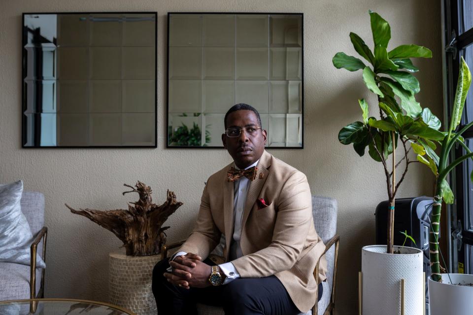 Charles Longstreet II, attorney at the Longstreet Law Firm, sits inside his law firm in Detroit on Thursday, May 9, 2024. Longstreet planned to run for an open seat on the Wayne County Circuit Court, but his candidacy was upended when Londell Thomas, a consultant he hired, turned in fraudulent petitions.