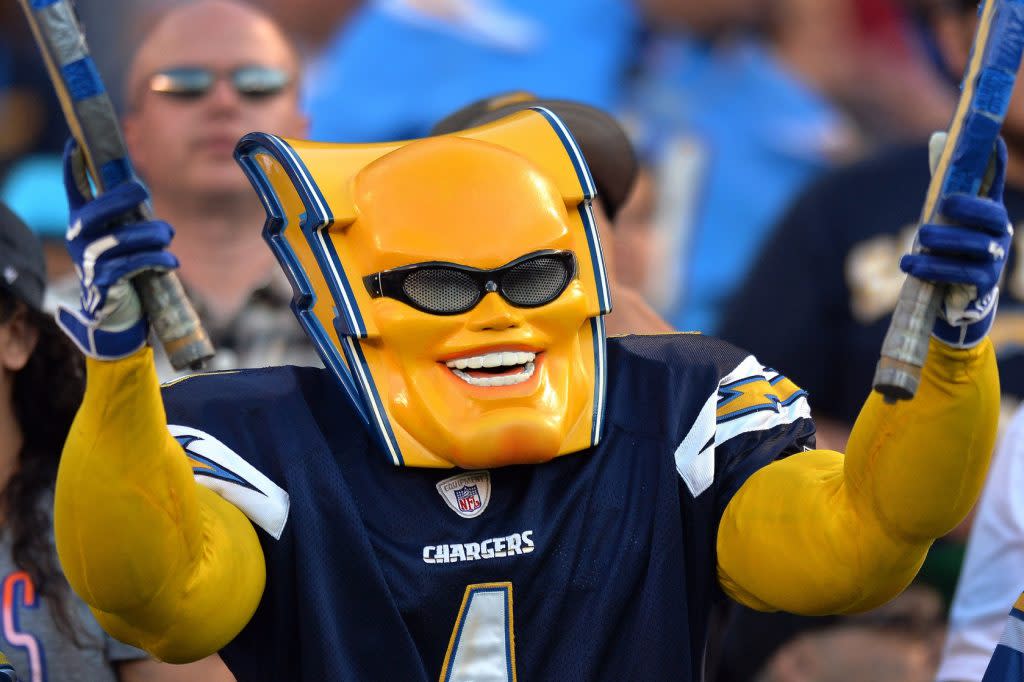 Oct 13, 2016; San Diego, CA, USA; The San Diego Chargers fan Boltman cheers during the first quarter against the Denver Broncos at Qualcomm Stadium. Mandatory Credit: Jake Roth-USA TODAY Sports