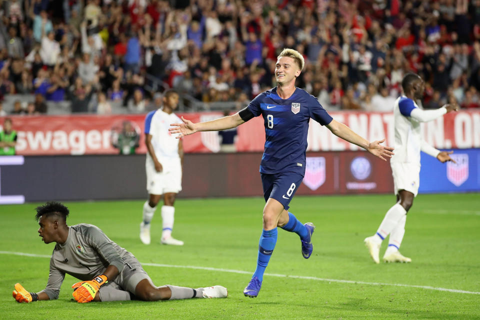 Djordje Mihailovic celebrates his first-half goal in Sunday’s friendly match against Panama. (Christian Petersen/Getty)