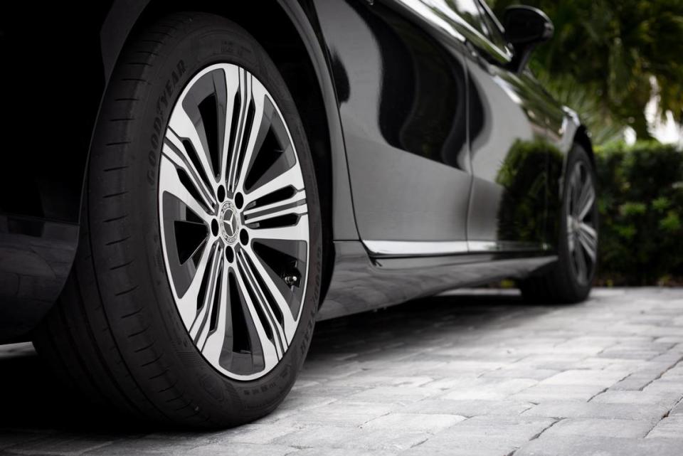 Neil Semel’s Mercedes EQS 450+ in the driveway of his Boca home. Semel’s was told it was time to replace his Good Year tires on his vehicle at 7,000 miles, a third of the life he was expecting.