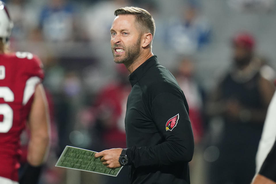 Arizona Cardinals head coach Kliff Kingsbury prior to an NFL football game against the Indianapolis Colts, Saturday, Dec. 25, 2021, in Phoenix. (AP Photo/Ross D. Franklin)