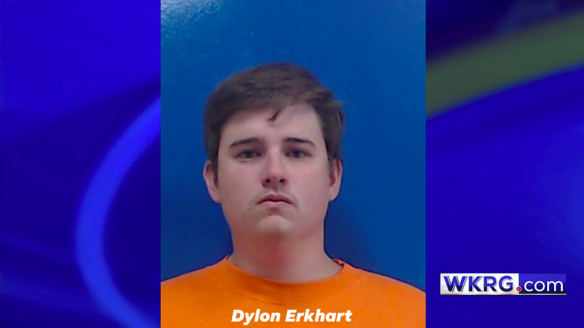 Dylan Erkhart mug shot, placed on a blue background with the WKRG.com logo