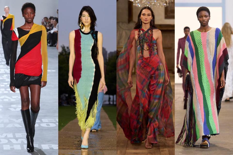 紐約時裝週充滿了大量的繽紛色彩。／圖片來源：Helmut Lang、Prabal Gurung、Ralph Lauren、Gabriela Hearst（左至右）