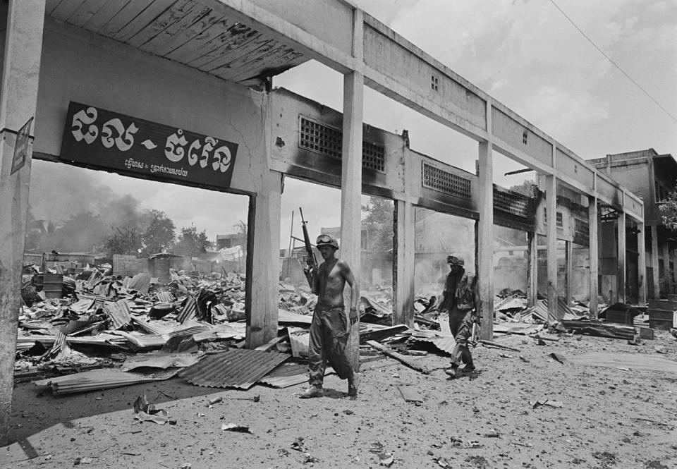 The aftermath of heavy bombing in Snuol, Cambodia, during the Cambodian Campaign of the Vietnam War, in May 1970 (Getty Images)