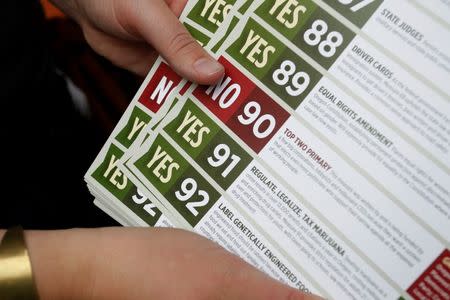 Canvassers leave flyers on their routes to drum up support for Oregon's Measure 91, which would legalize the recreational use of marijuana in Portland, Oregon October 28, 2014. REUTERS/Steve Dipaola