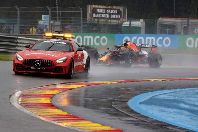 The safety car leads at a rain-hit Spa-Francorchamps