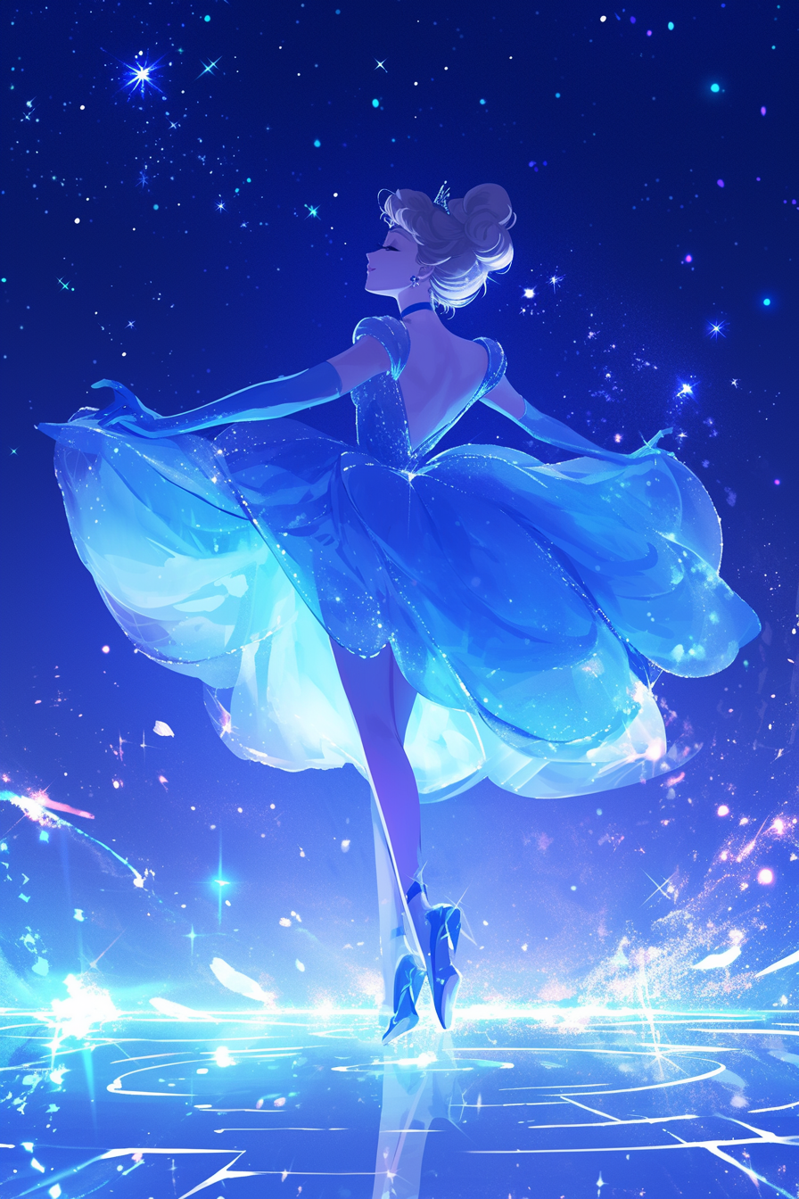 Elegant illustration of Cinderella in a flowing dress, amidst sparkling stars and magical light