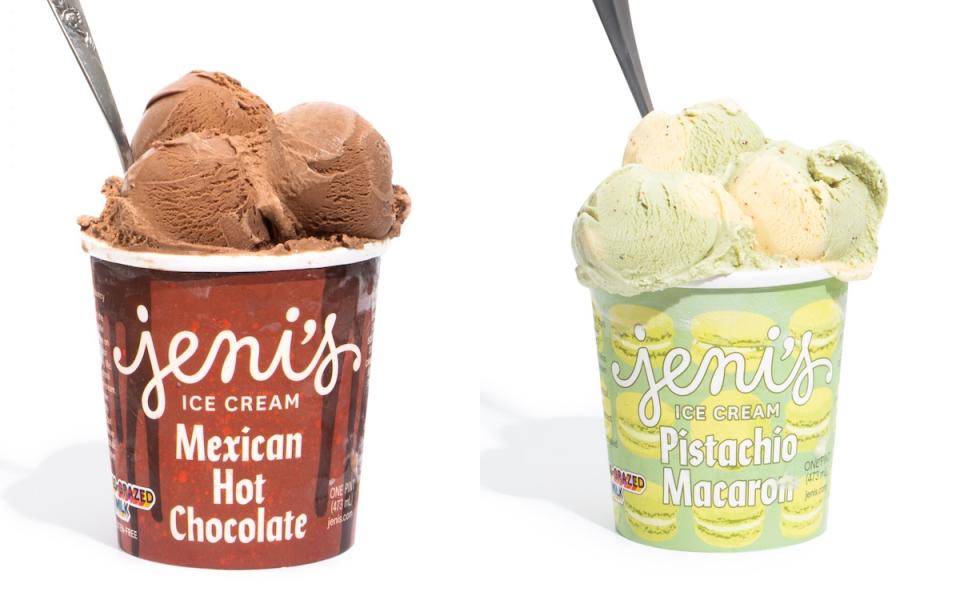 Thwo different pints of Jeni's Spledid Ice Cream's 2021 holiday flavors